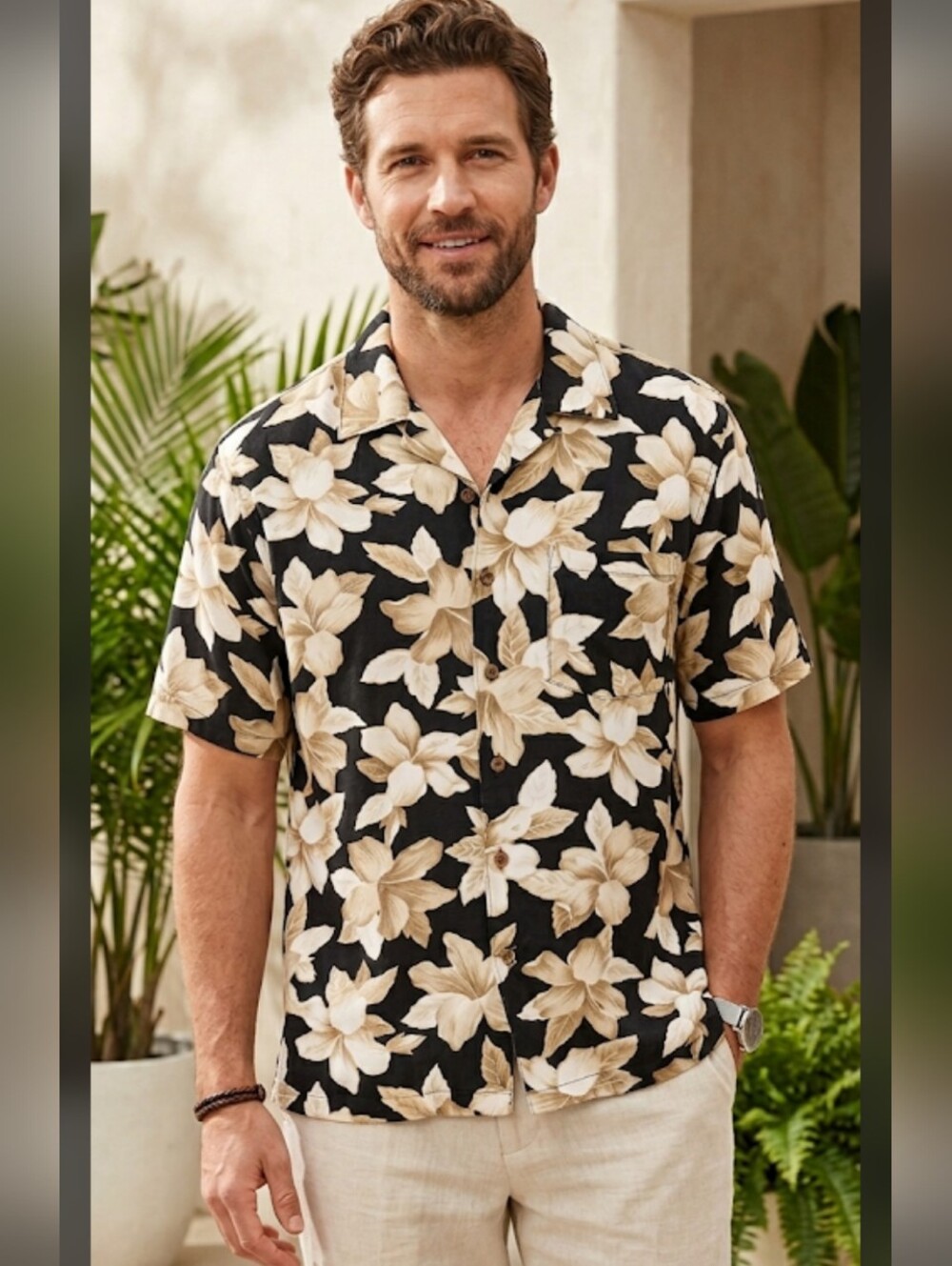 Men's Black Floral Short-Sleeve Button-Down Shirt - Beige Bloom Print